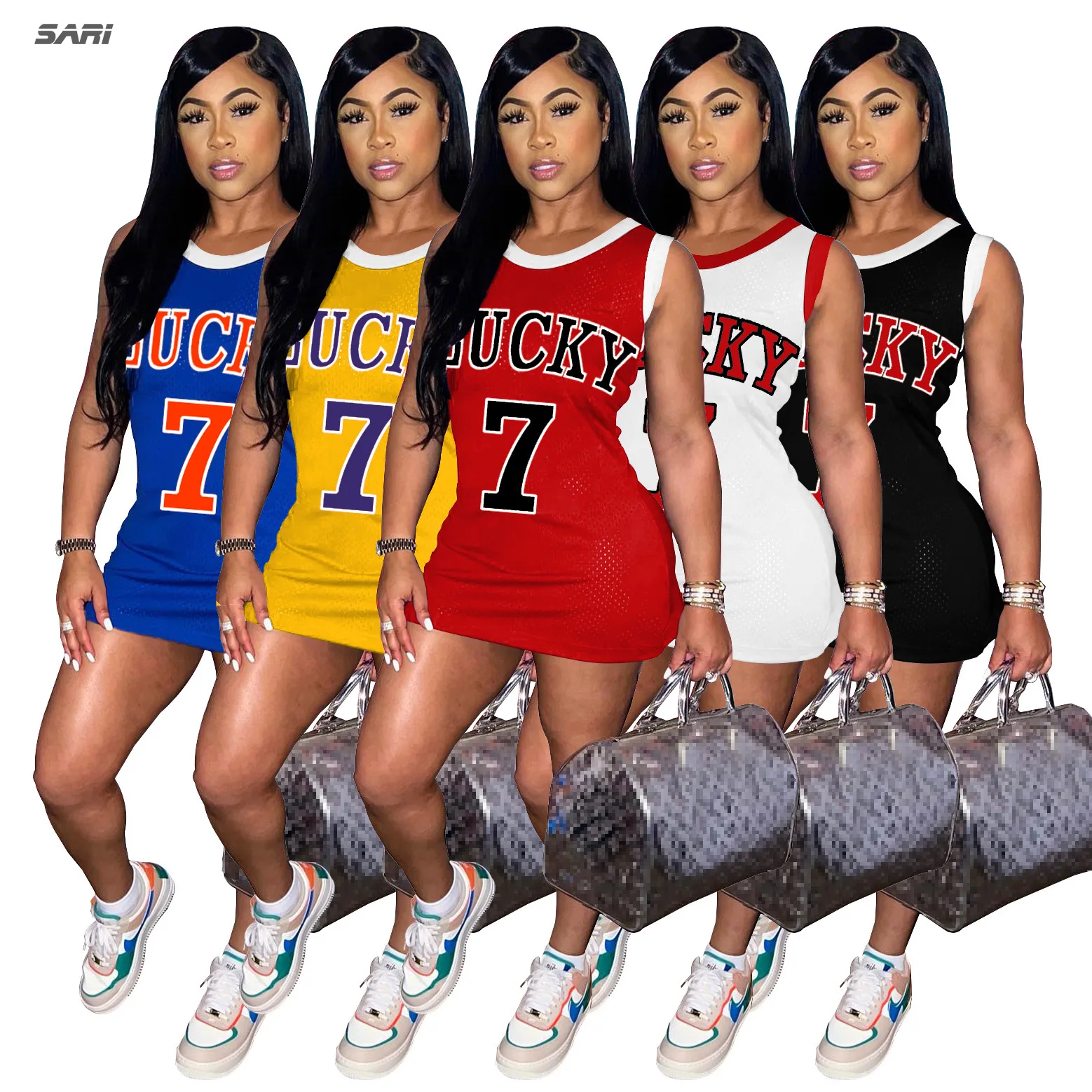 

Summer Women Mesh Dress Campus Style Letter Print Simple Sports Tank Top Mini Skirt Fashion Round Neck Sleeveless Sexy Clothing