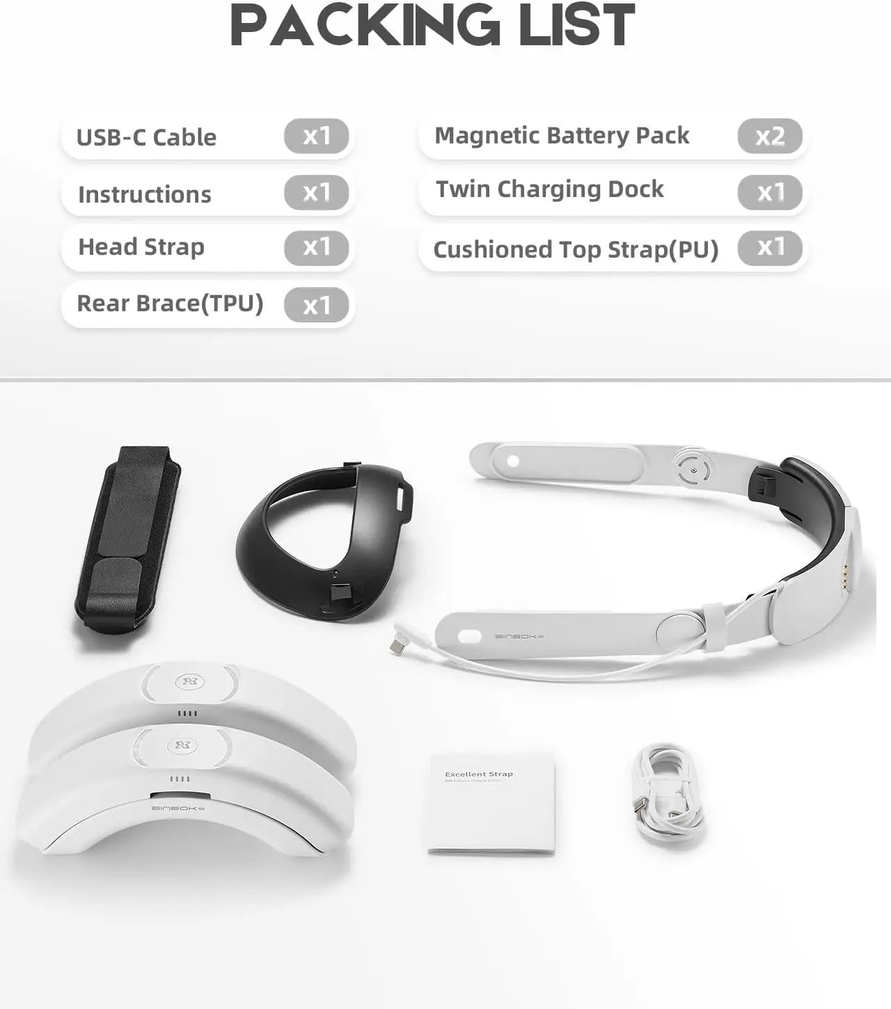 BINBOK 배터리 조절식 헤드 스트랩, 메타 퀘스트 3, 충전 배터리 팩 포함, T3 TEC용 충전 독 액세서리, 2x8000mAh