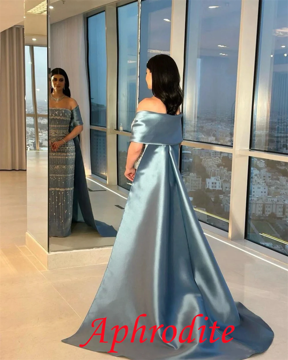 فستان سهرة أنيق من الساتان الأزرق مخصص رائع بدون ح...