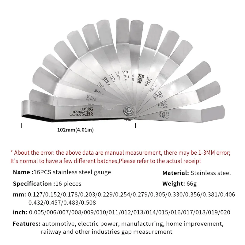 16 Pieces  Blades Feeler Gauge 0.127-0.508mm Thickness Curved Stainless Steel Gap Metric Filler Feeler Gauge images - 6