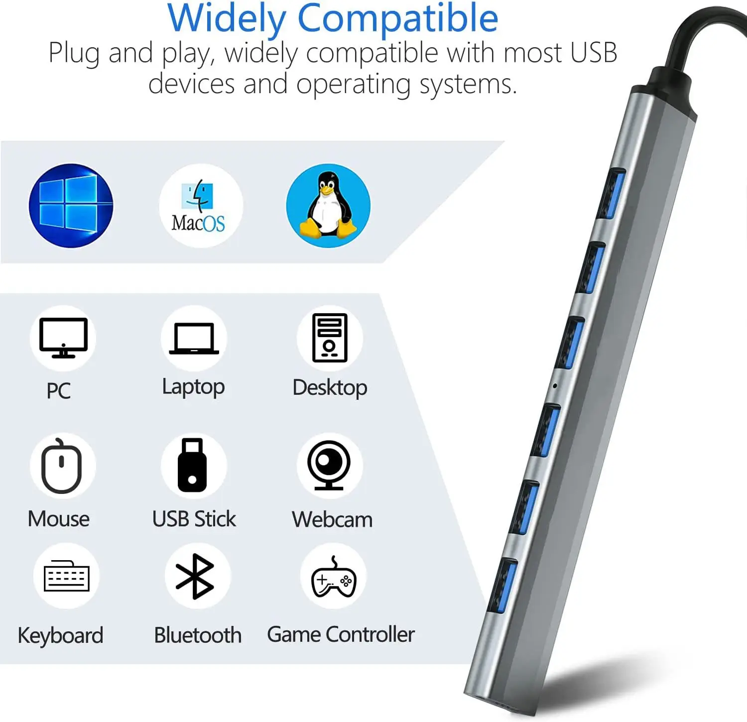 Aluminum Alloy 7-Port USB Hub with 3.0 Multi-Splitter Adapter