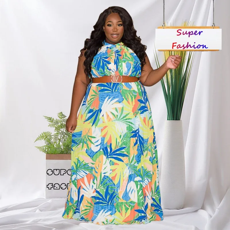 

WSFEC L-4XL Plus Size Women Clothing 2023 Fashion Printing Sleeveless Round Neck Pleated Loose Summer Casual Elegant Long Dress
