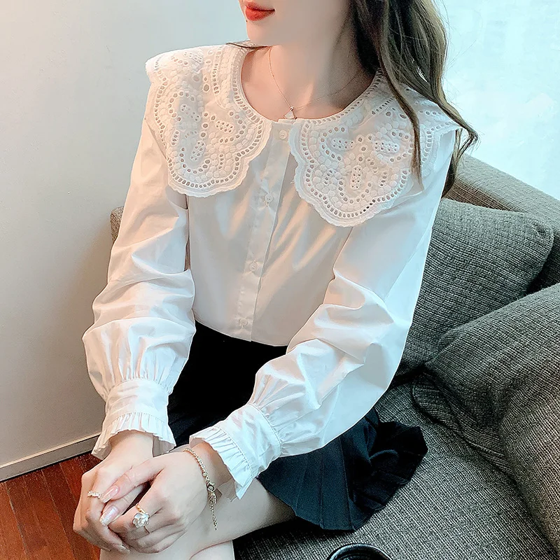 

Streetwear Embroidery White Blouse Women Korean Peter pan Collar Long Sleeve Shirt Elegant Tops Blusas Mujer