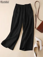 ZANZEA-Summer Women Pants Cotton Linen Elastic Waist Wide-Leg Trousers Casual Lightweight Solid Palazzo Pantalones Woman Bottoms - Image 4