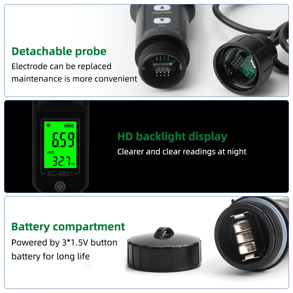 Soil EC Tester 0.00~10.00mS/cm Conductivity Soil EC PH Meter Detachable Probe Au