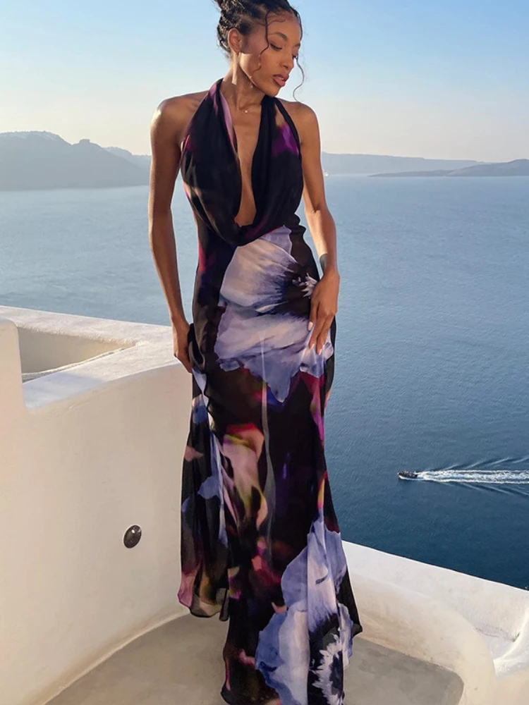 

Laxsesu Backless Sexy Summer Holiday Dress 2024 Sleeveless Floral Printed Long Bodycon Dress Elegant Party Evening Dresses Women