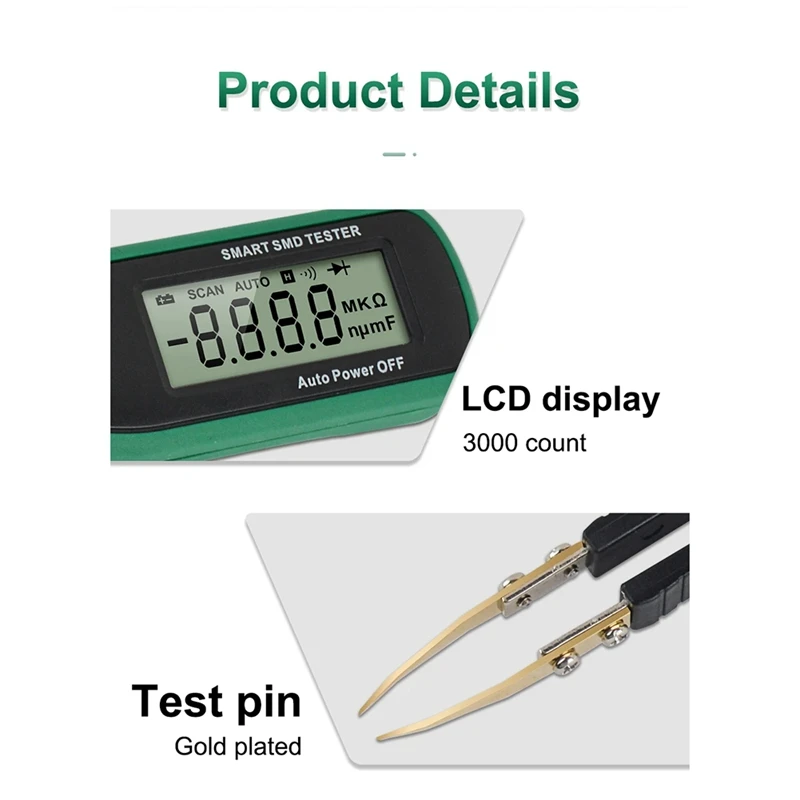 스마트 SMD 테스터 플라스틱 및 금속 멀티미터, 자동 범위 캐패시터 회전식 핀셋 LCD 디스플레이