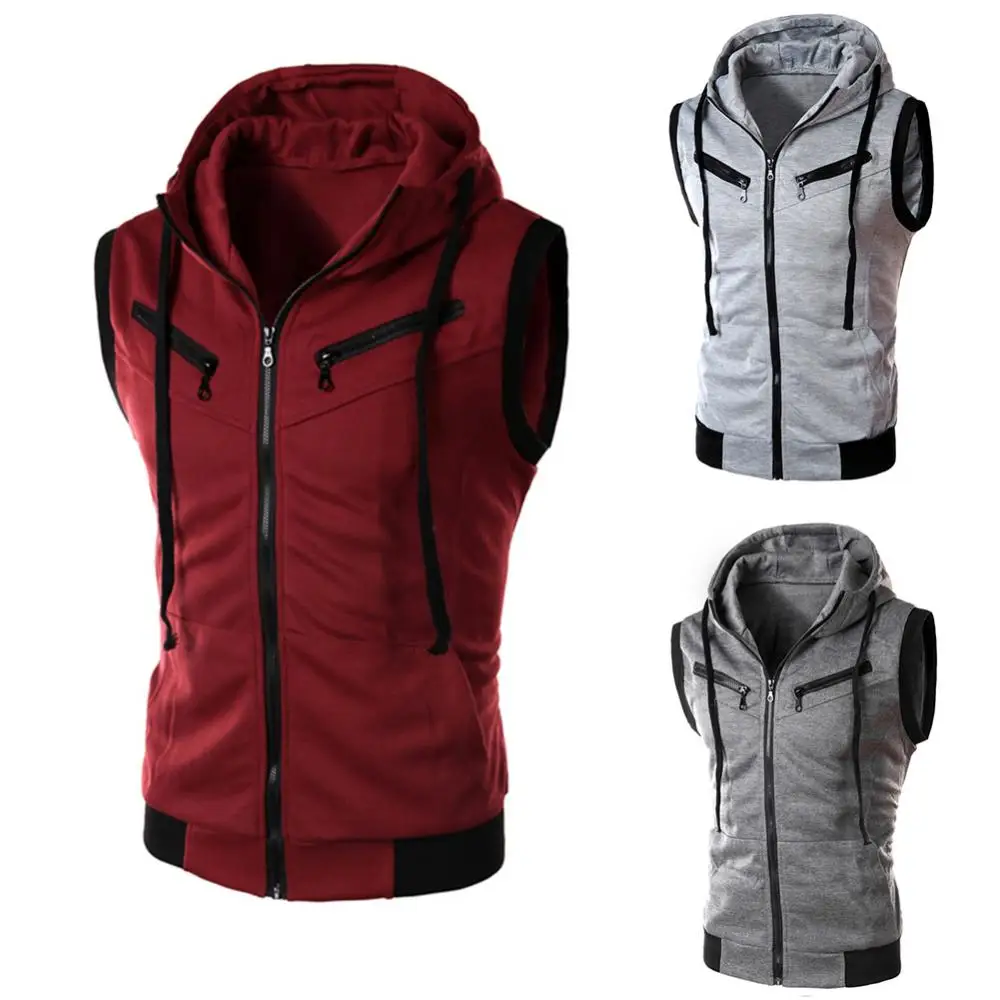 

Men Jackets Color Block Summer Sports Men Zipper Sleeveless Fitness Hoodies Hooded Vest Men's Clothing Suitable for running 2021