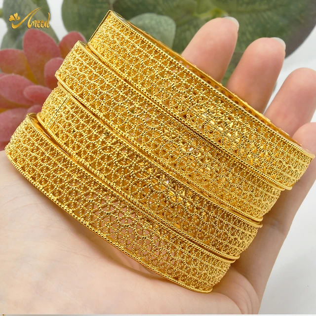 ANIID 4Pcs /Set 24K Dubai Gold Plated Bangle Bracelet For Women Ethiopian Arabic African Dubai Indian Wedding Bride Jewelry Gift B-14-4pcs