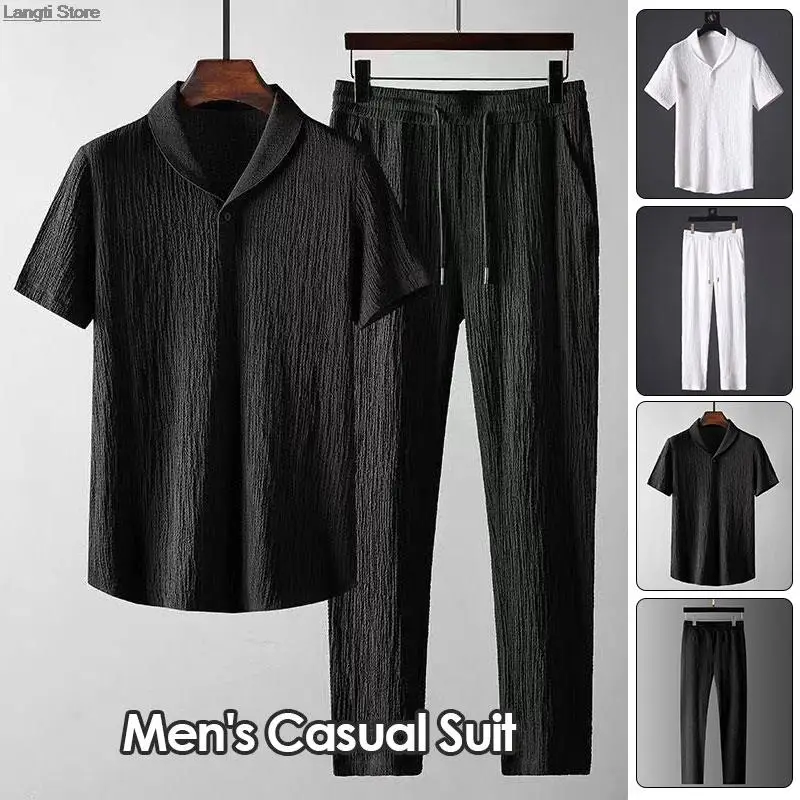 2Pcs/Set Summer Thin Casual Sports Suit Men Pleated Short Sleeve T Shirt + Long Pants Two Piece Set Male Outfit Tracksuit 2023 summer 2pcs tracksuit for men short sleeve t shirt shorts 2 piece set sports suit men solid gyms fitness sportswear sets