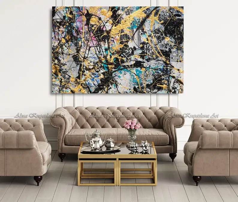 Pittura Grigia A Jackson Pollock Style Painting, Abstract Wall Art Wall Art Canvas, Grey Abstract Artabstract Oil Big Abstract