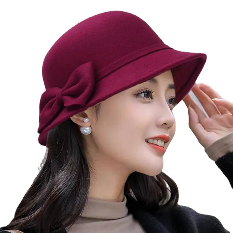 Fashion Hat Vintage Women Bucket Cap Solid Bow Woolen Felt Fedoras Hat Female Winter Autumn Ladies Dome Felt Wedding Church Jazz Caps Bowler
