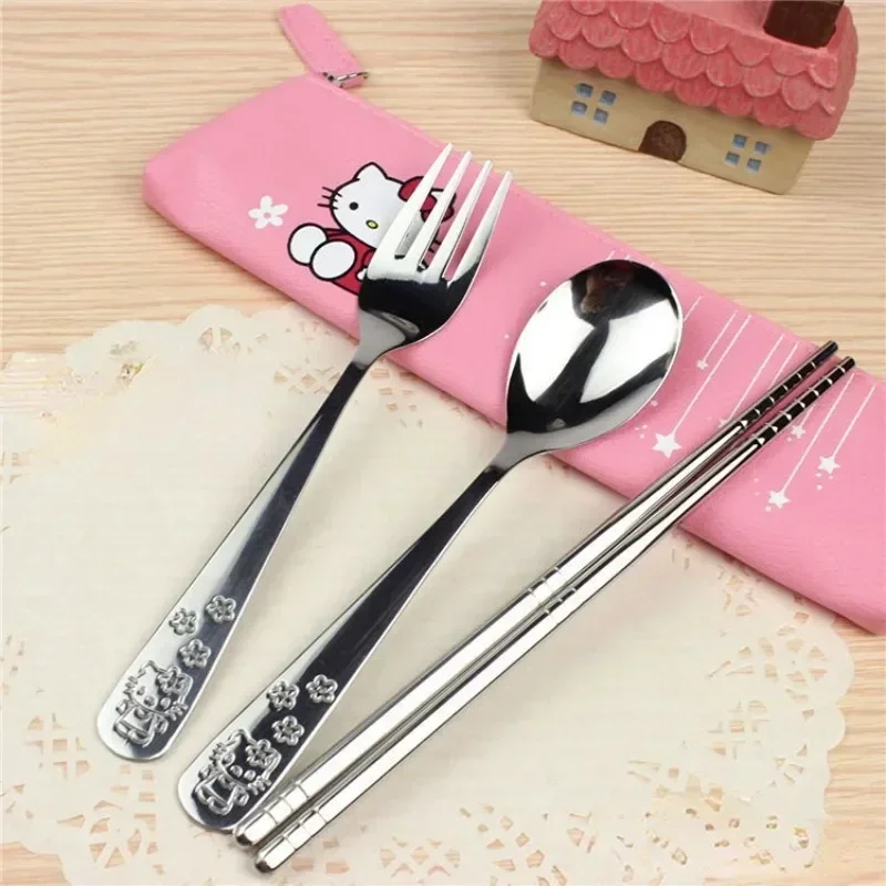 

Kawaii Sanrioed HelloKittys Cutlery Set Anime Cartoon Baby Meal Metal Spoon Fork Chopsticks Portable Cutlery Children's Gift