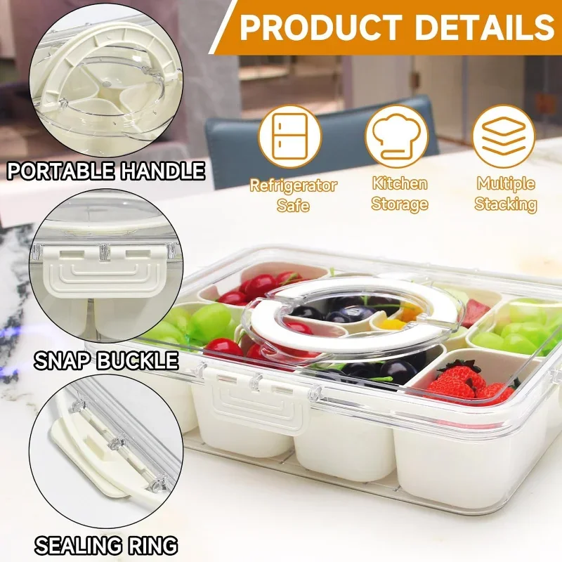 8 Grid Divided Serving Tray Snack Platters Organizer with Lid Handle Snack Fruits Food Box Fresh-keeping Kitchen Accessories New 5