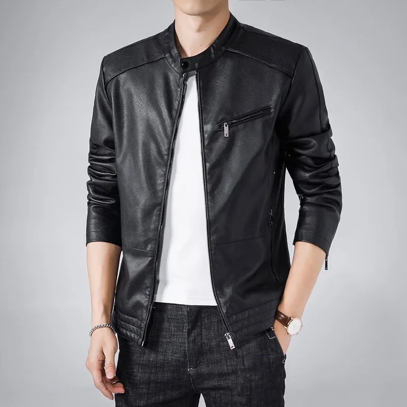 leather vests Men's thickened artificial leather jacket winter warm stand collar fleece handsome slim fit baseball suit/high-grade Pu clothing genuine leather bomber jackets Casual Faux Leather