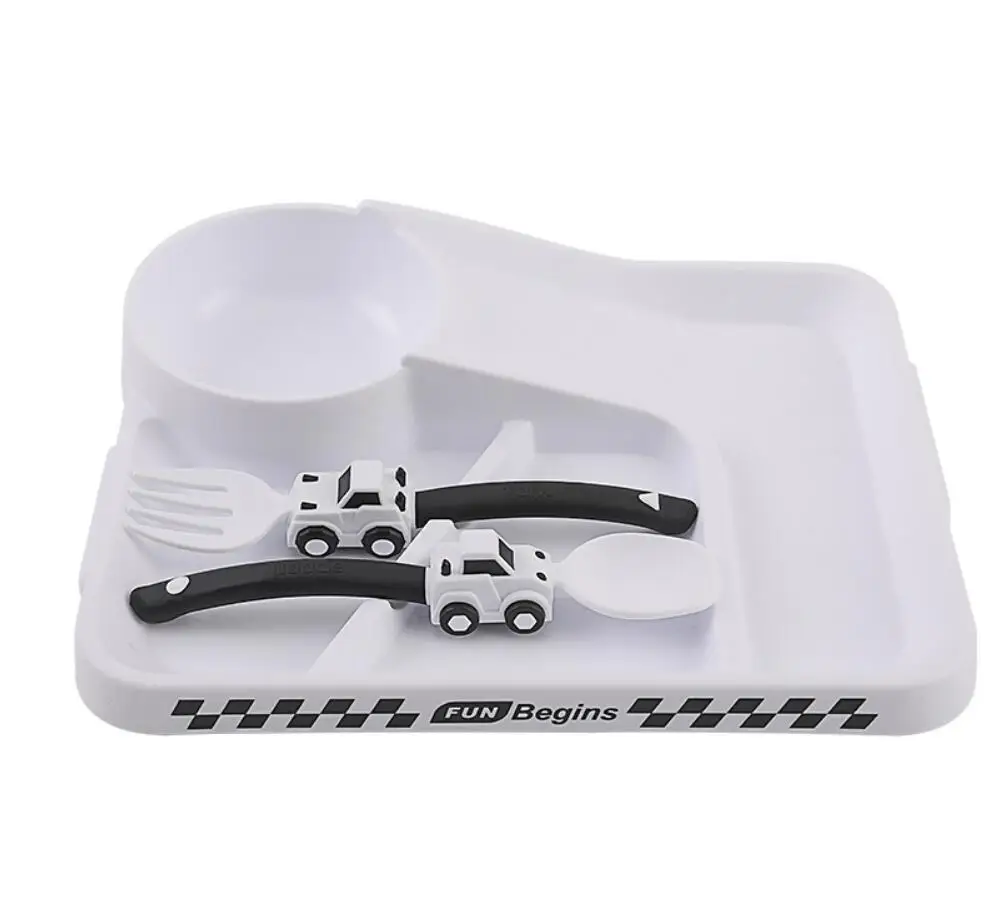 Children Cartoon Racing Dinner Plate Fork Spoon Set Baby Self-feeding Cutlery Set Food Supplement Divided Bowl Baby Non-slip stainless steel cutlery set silicone cutlery set fork spoon set baby cutlery