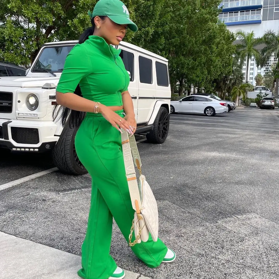 

Women's European and American style autumn new quarter sleeved jacket solid color wide leg pants set two-piece set