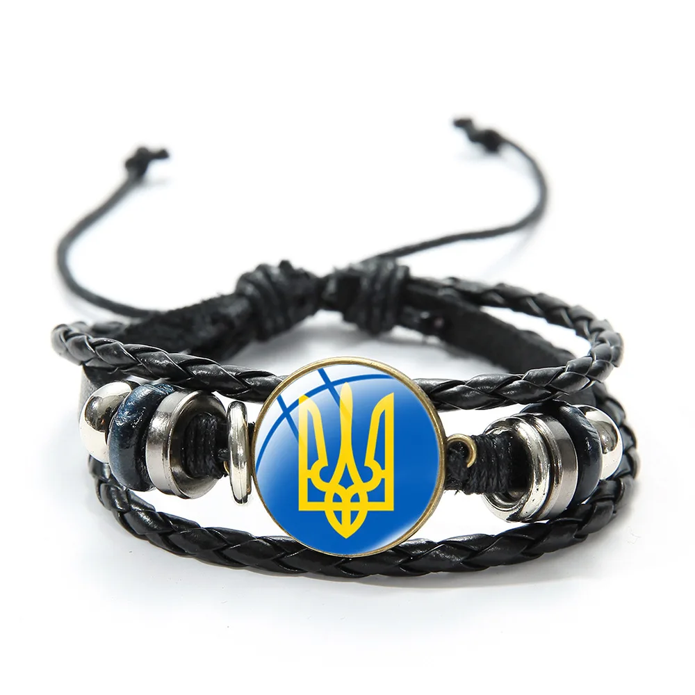 Ukrainian Flag Glass Pendant Bracelet Blue Yellow Trident Graphic Vintage Handmade Beaded Woven Leather Bracelet Bracelet Jewelry
