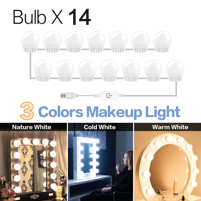 3 Modes Colors Makeup Mirror Light Led Touch Dimming Vanity Dressing Table Lamp Bulb USB Hollywood Make Up Mirror Wall Lamp
