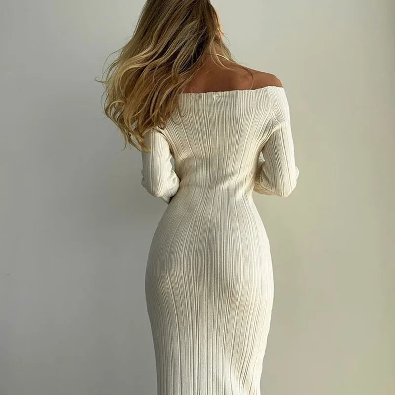 Ribbed Off-Shoulder Knit Long Dress For Women Slim Elegant Long Sleeve High Waist Backless Dress Knitwear Loose Maxi Dress