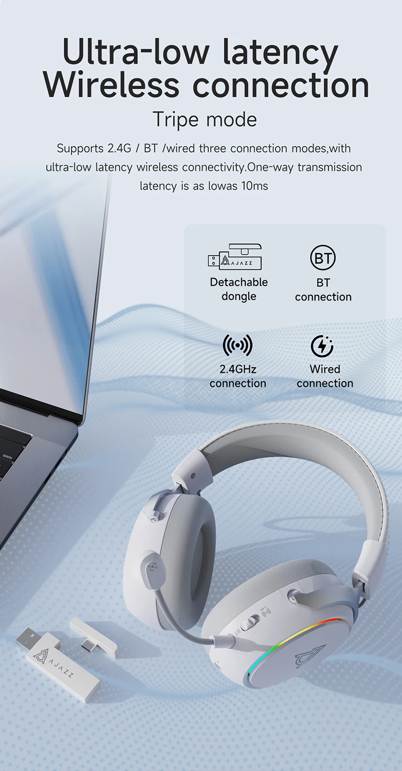 AJAZZ AHM10 MAX Tri-Mode Kabelloses Gaming-Headset, 7.1 Surround Sound, 143 Stunden Akkulaufzeit, RGB-Beleuchtung, Komfortable Ohrpolster für PC – Detail 4