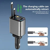 PD+USB Type C Car Fast Charger with 2 Retractable Cables Phone Charger LED Dispaly 5-in-1 Car Charger for IPhone IPad