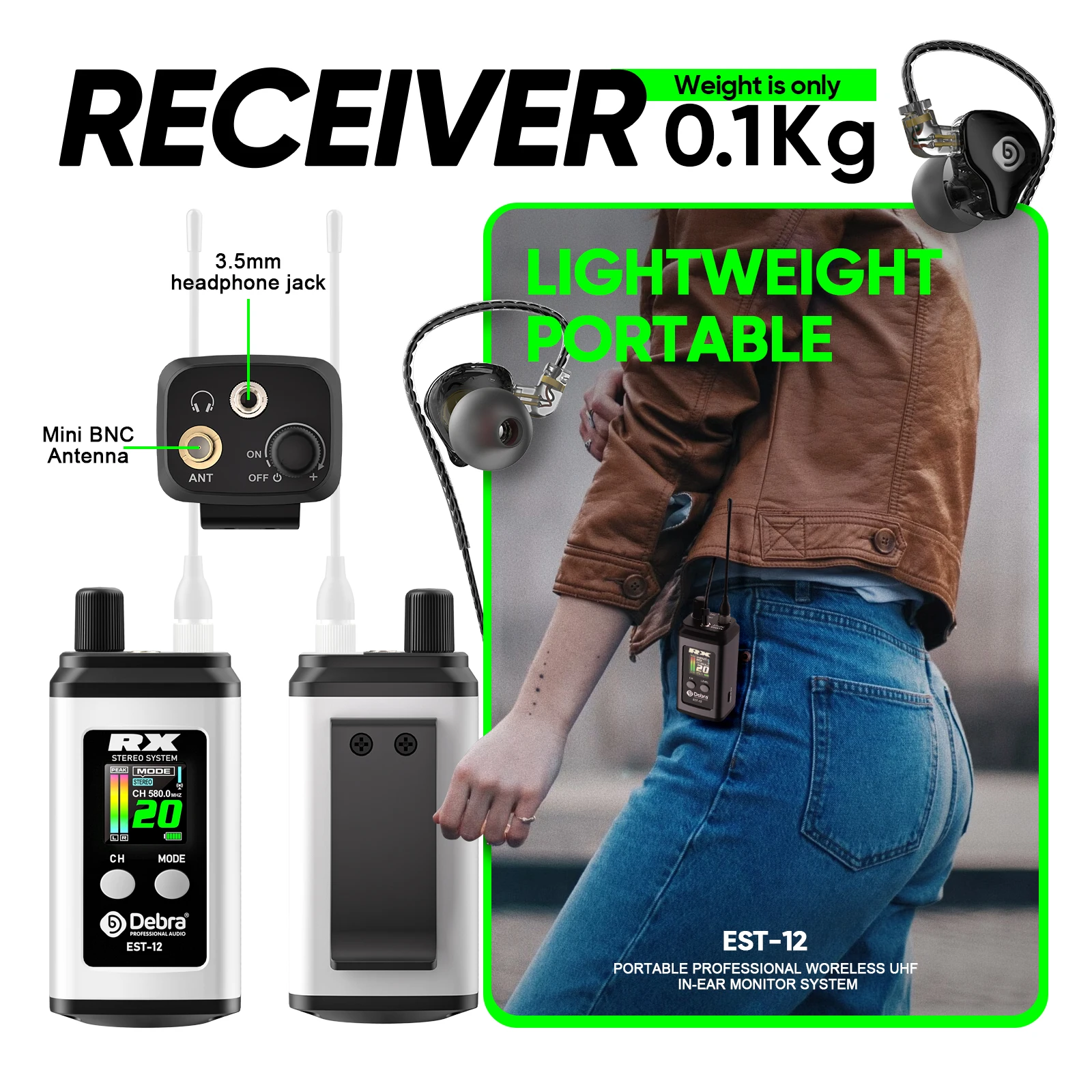 Debra EST-12 UHF Stereo Dual-channel IEM Protable Wireless In-Ear Monitor System