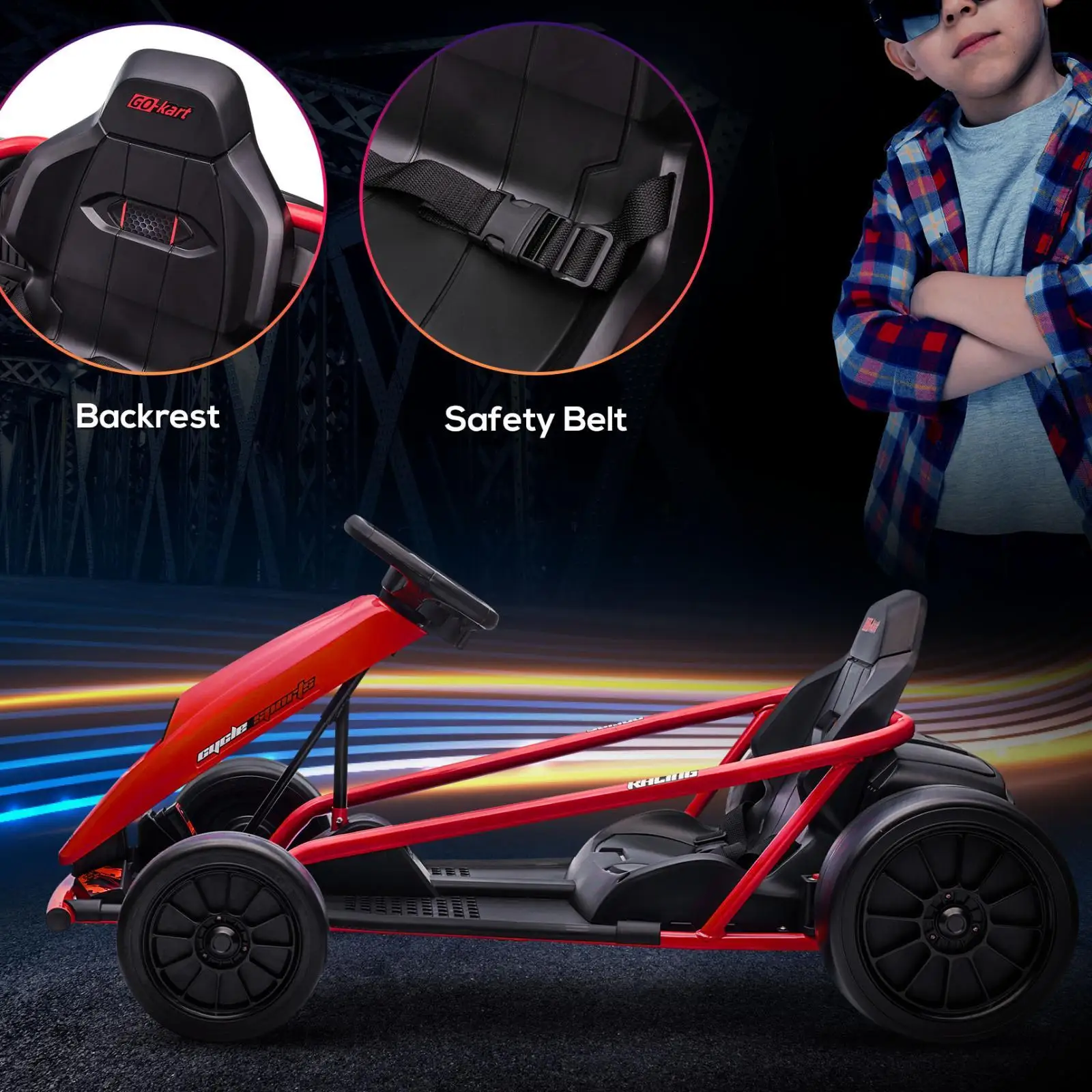 Kids Electric Ride-on Go Kart 24V Battery Powered Drifting Car Toys with Safety Features for Outdoor Fun Ages 8 to 12
