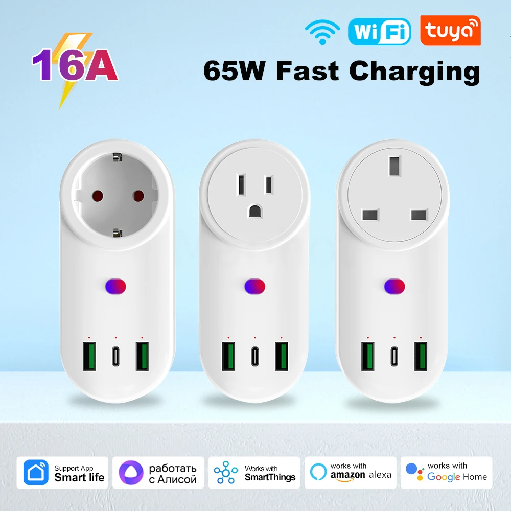 Tuya 16A Wifi Smart EU/UK/US Socket With USB&Type-C Plug Power Outlet Phone Fast Charger Voice Control For Alexa Google Home