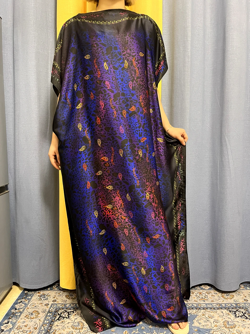Muslim Fashion Abayas For Women 2023 Purple Print Short Sleeve Silk Jilbab African Traditional Summer Woman Dresses With Turban