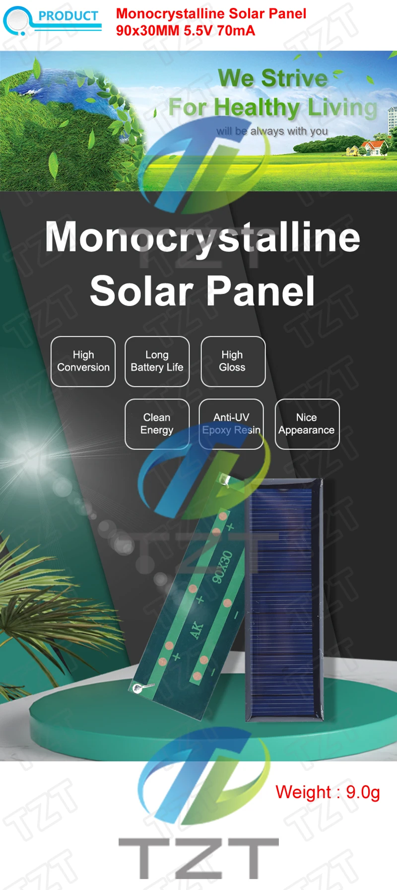 1/3/5PCS Solar Panel TZT DIY Photovoltaik Solar Taschenlampe Zelle Ladegerät Lampe Licht sonne Power Solar Ladegerät 90*30mm 0,38W 5,5V 70mA – Detail 1