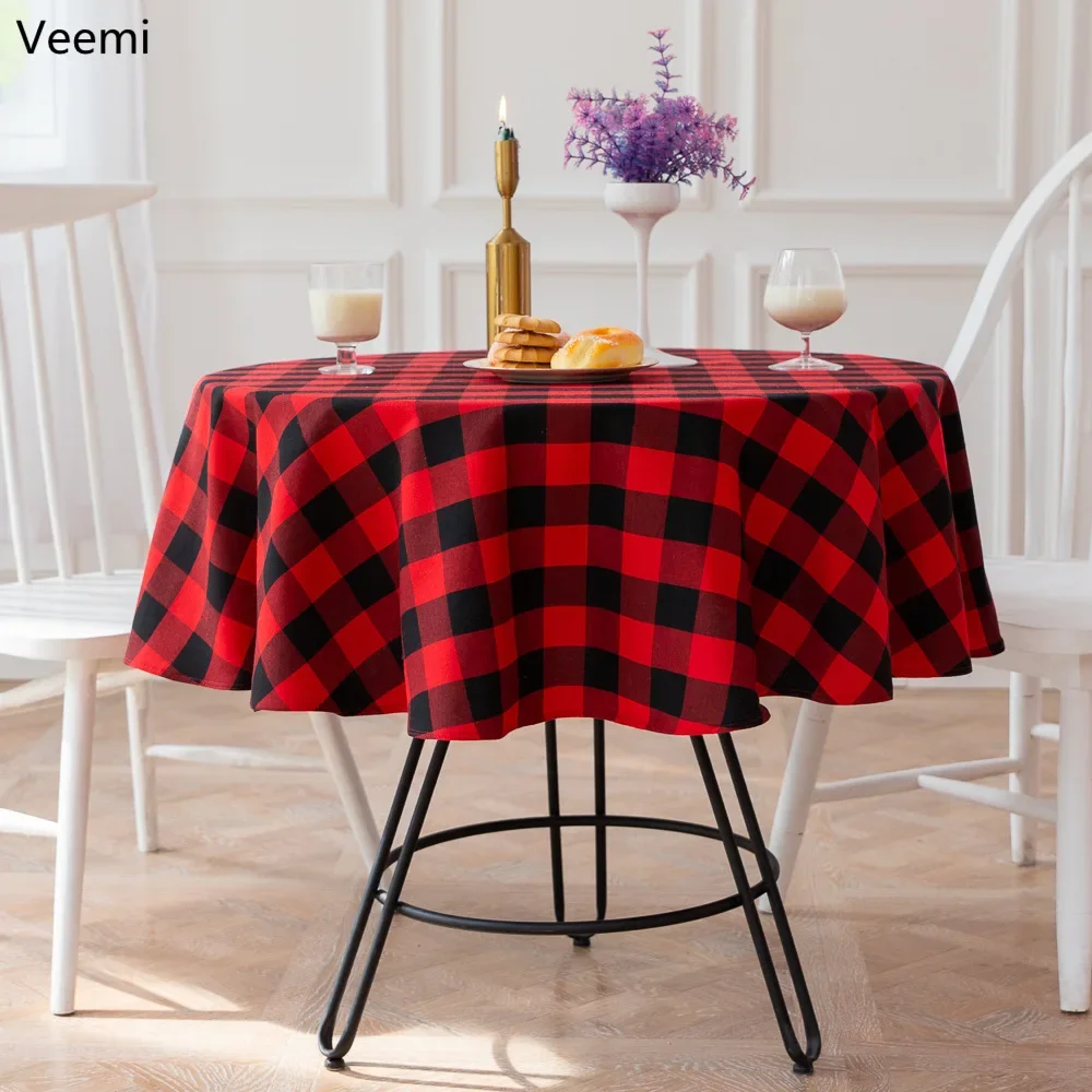 

American Style Red and Black Plaid Round Tablecloth Cotton Linen Black Table Cover Restaurant Party Dining Table Decoration