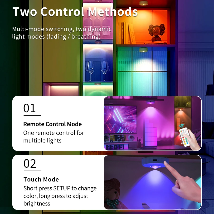 Rechargeable RGB LED Cabinet Light with Remote Control - Dimmable Wireless Night Lamp