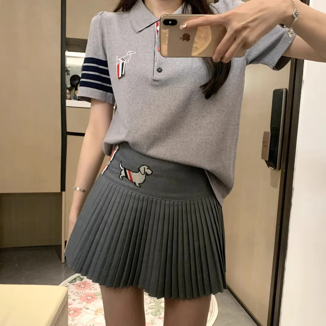 

Crochet Thin Polo Shirts For Women Fashion Preppy Casual Tees Short Sleeves Summer Striped Grey T-Shirt T Crop Top