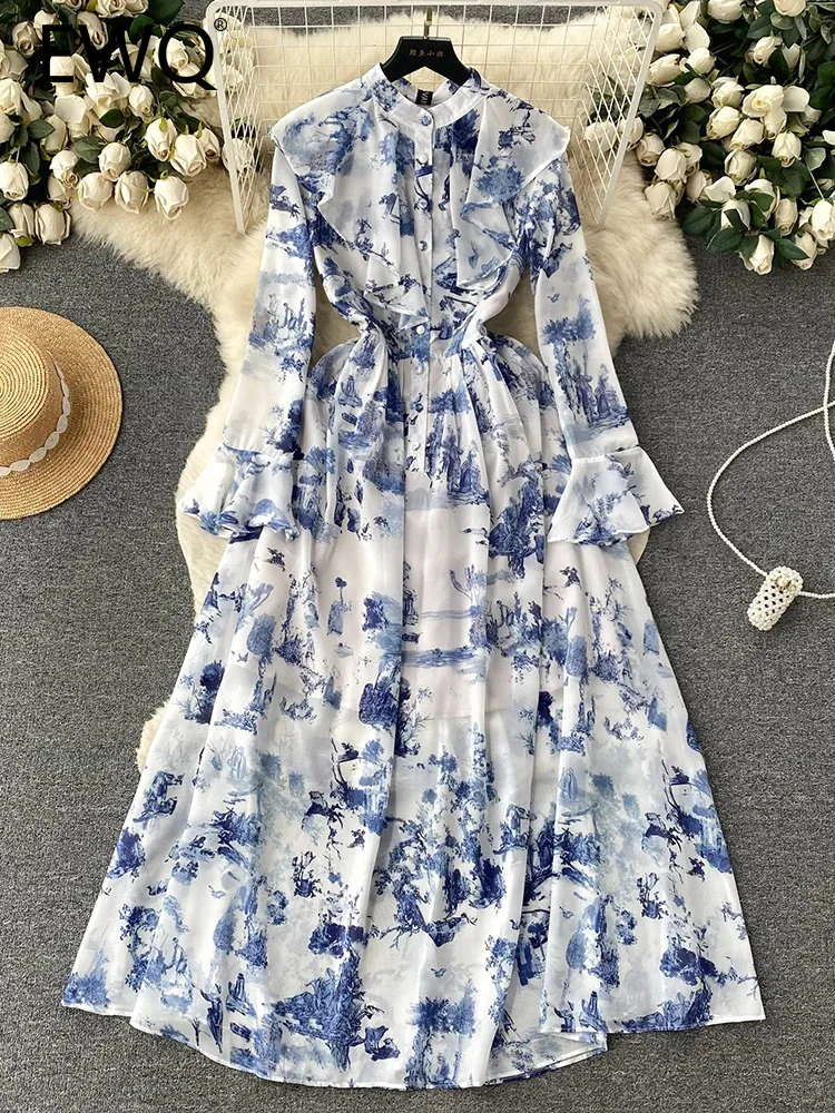 

EWQ Stand Collar Ruffles Chiffon Patchwork High Waist A-line Vestidos Sweet Style Women's Dress Winter Spring 2024 New 27SN5429