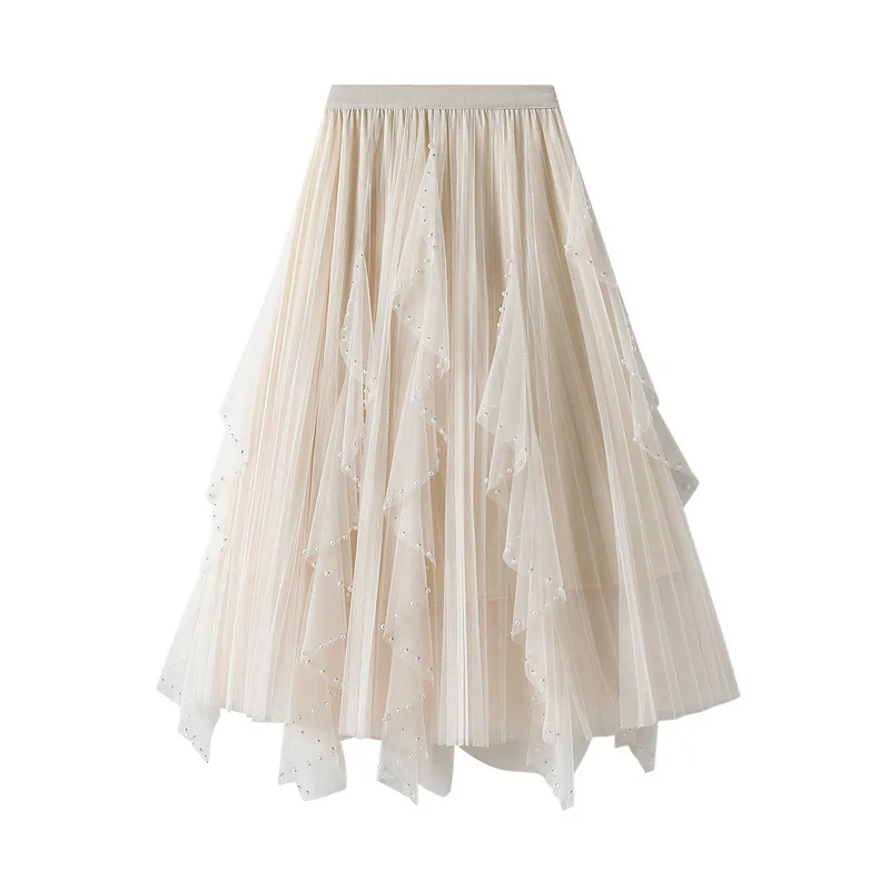 

Vintage Elegant Pleated Mesh Long Skirt Women Summer Korean Irregular Fashion Beaded Wave Cut Elastic High Waist Midi Skirt
