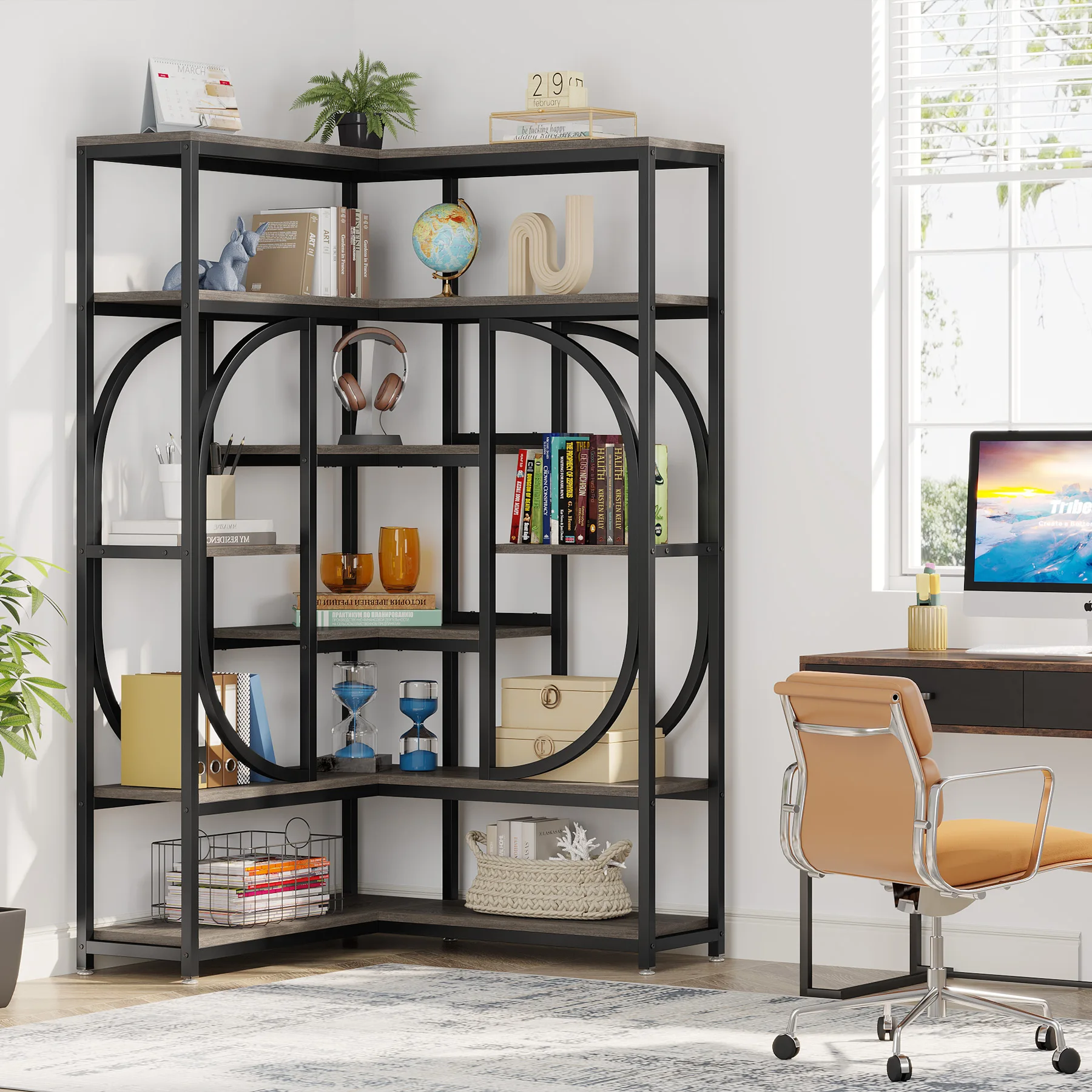 Tribesigns 7-Shelf Corner Bookshelf Large Modern Corner Bookcase Tall L-Shaped Shelf Stand Display Rack