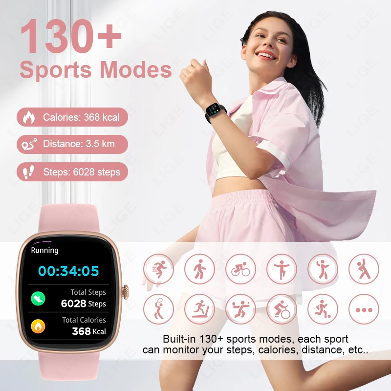 LIGE New Square Smartwatch Men Women 1.83 Inch Bluetooth Call Customized Watch Face Bracelet 130+ Sports Modes Smart Watch Man