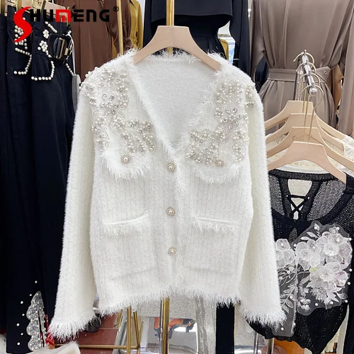 

Sweet Chic Coat Women 2023 Autumn and Winter New Heavy Industry Beads V-neck Temperament Mink Fur Wool Tassel Sweater Cardigans
