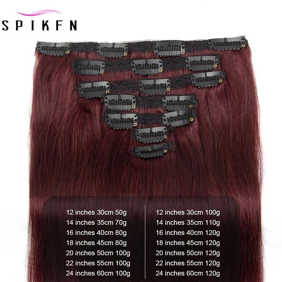 SPIKFN Brazilian Remy Straight Hair Clip In Human Hair Extensions Natural Burgundy Color 99J# Clip Full Head 7pcs/set