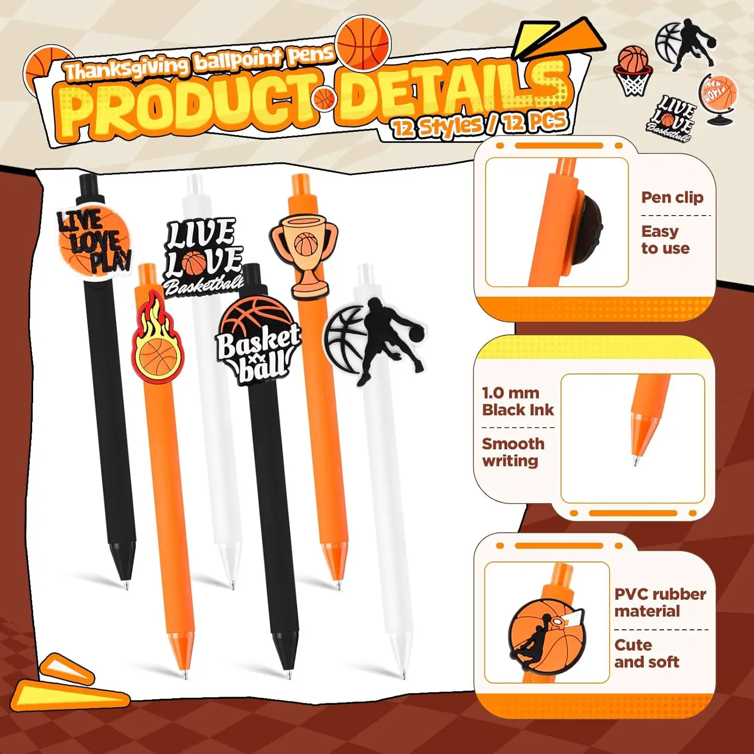 12 Pcs Basketball Pens Sports Themed Birthday Gifts Student Stationery Gifts Office Classroom Party Favors 6