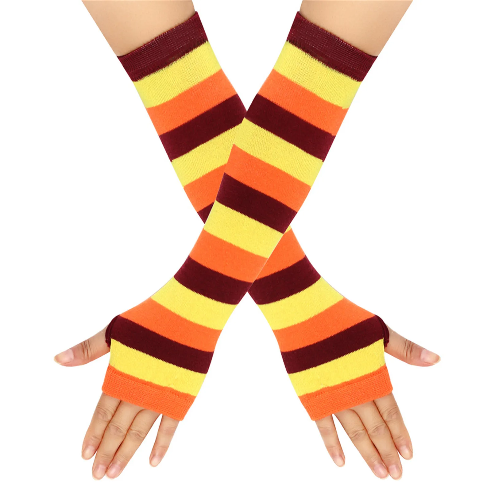 Fingerless Gloves Long Arm Cover Striped Knitted Wristband