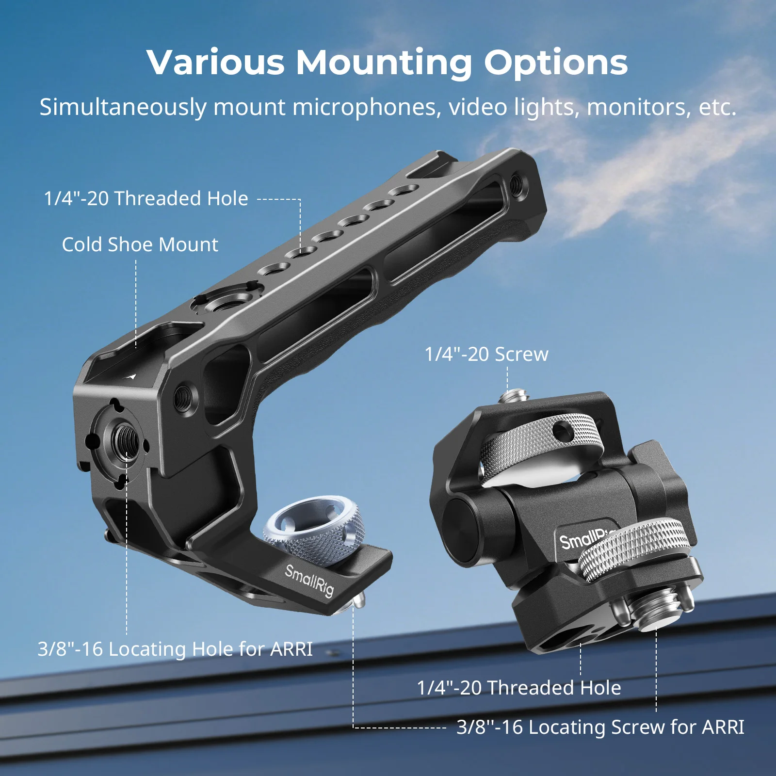 모니터 마운트 키트가 포함된 SmallRig 탑 핸들, ARRI용 3/8-16 위치 지정 구멍, 1/4-20 구멍, 360도 °   회전 및 180도 °   기울기 조절 가능