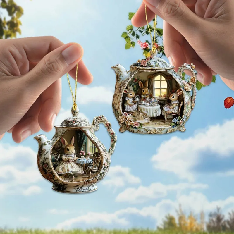 Rabbit in Teacup 2D Acrylic Pendant - Stained Glass Style Hanging Ornament for Backpack/Car Mirror/Window, Warm Home Decor