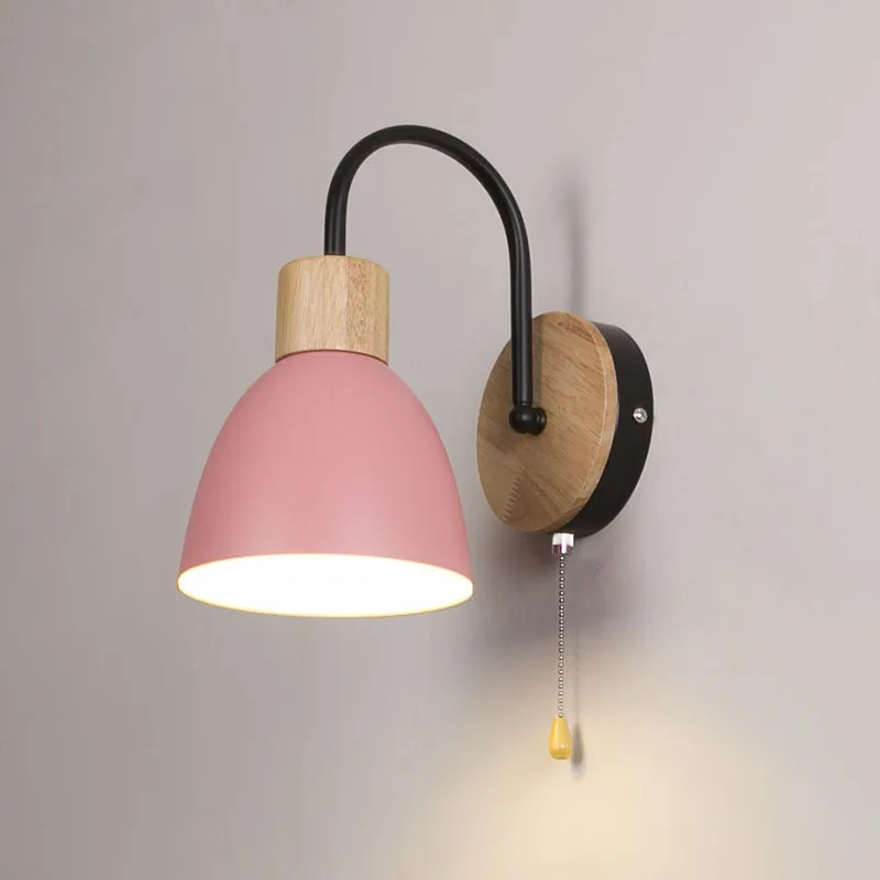 Nordic Macaron LED Wall Lamp With Switch Curved Cannonball  E27 Wall Lights Bedroom Bedside Living Room Wooden Wall Sconce Lamps