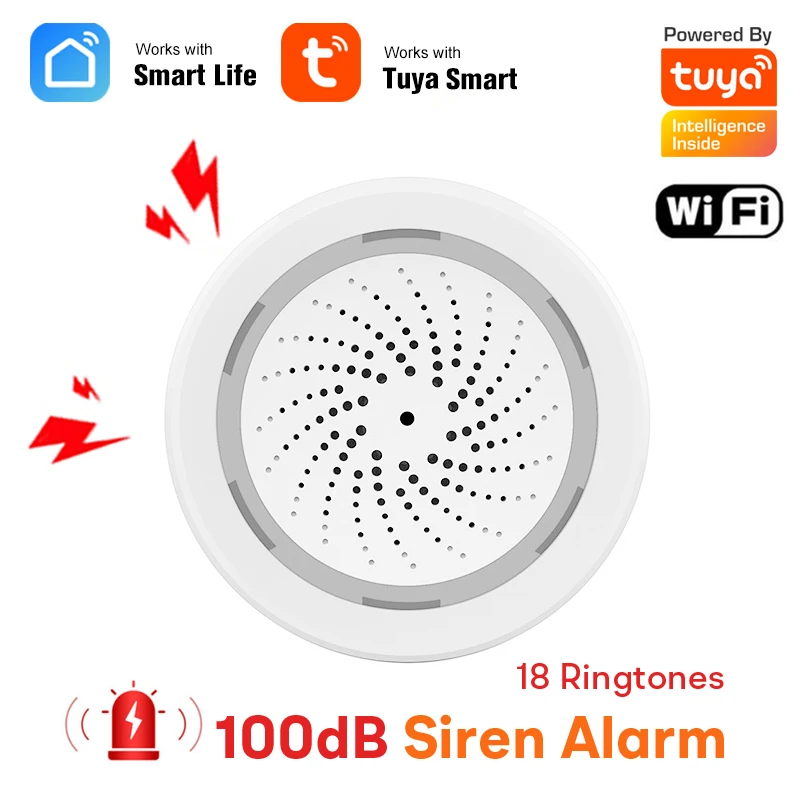 Alarma de sirena WiFi Tuya Smart Life, altavoz fuerte de 100dB, 18 tonos de llamada con alerta de luz estroboscópica para sistema de seguridad del hogar