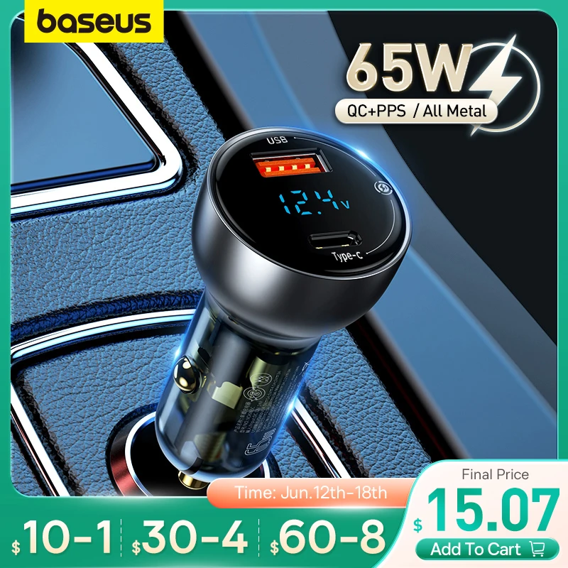 Baseus 65W PPS 차량용 충전기 USB 타입 C 듀얼 포트 PD QC 빠른 충전 노트북 반투명 자동차 전화 충전기 아이폰 삼성|자동차 충전기| - AliExpress