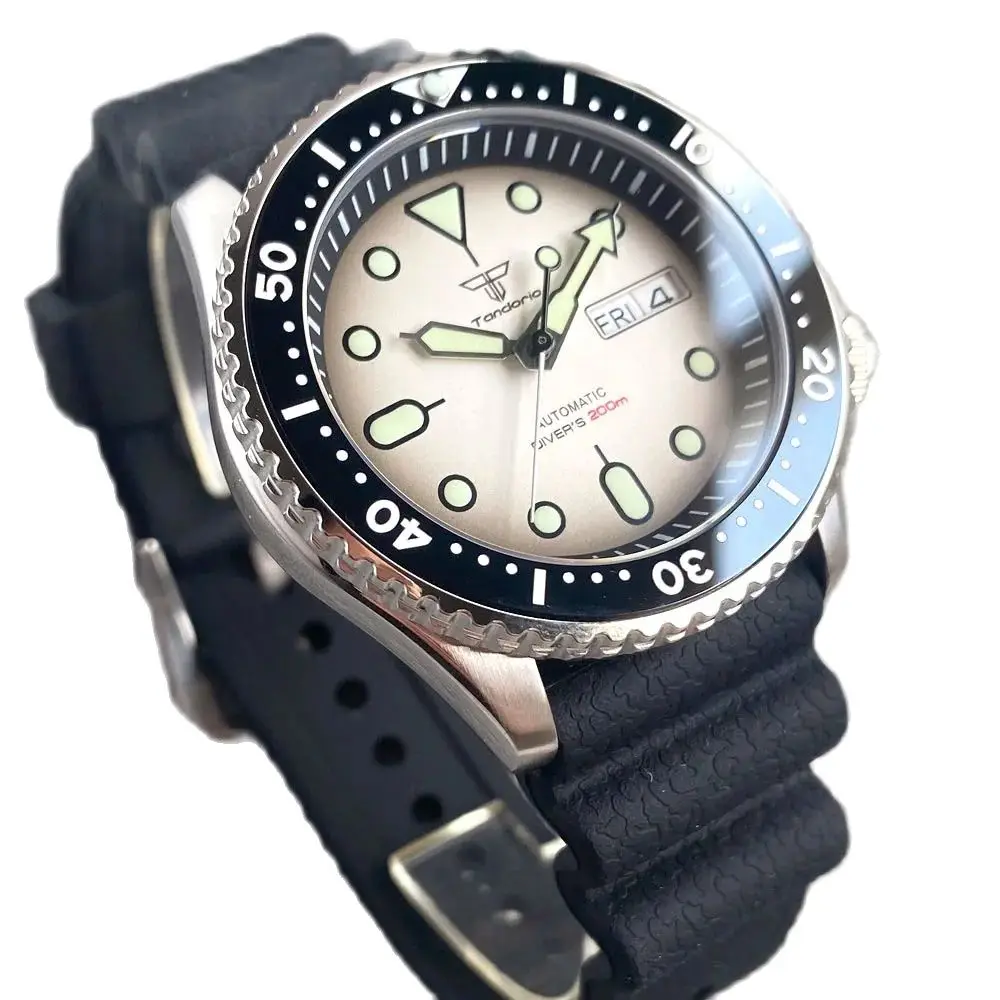 Relógio de Mergulho Automático Masculino Tandorio Mostrador Branco Moldura Rotativa Vidro Safira Data Semana Pulseira de Aço Nh36a 200m 41 mm 120 - Image 4