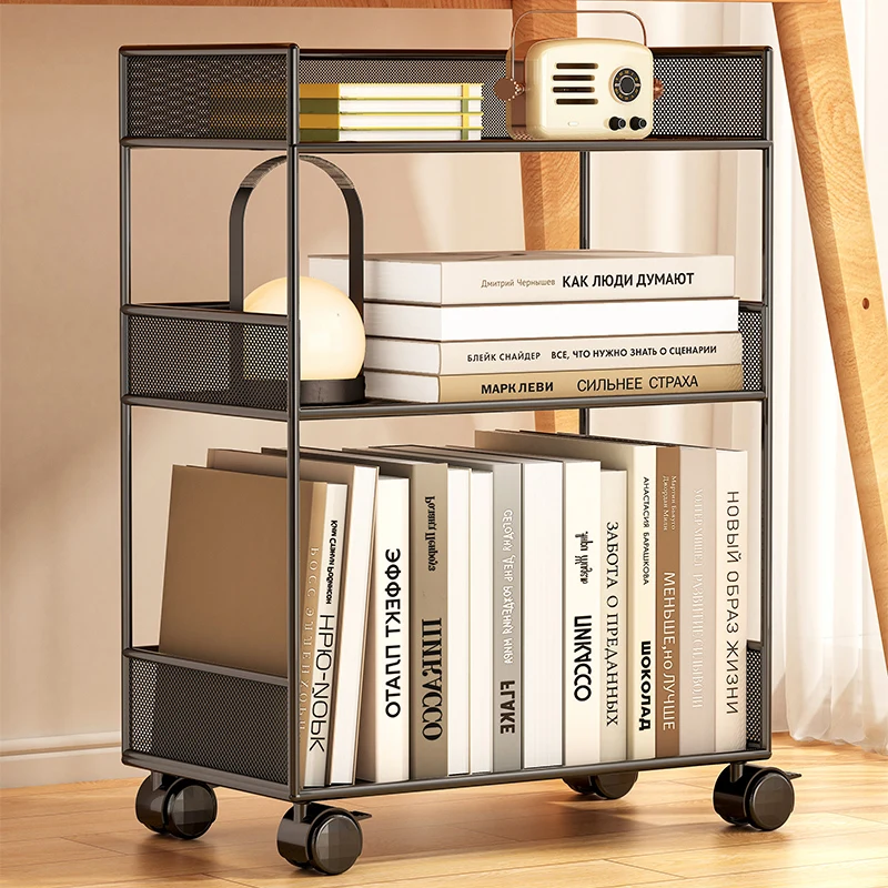 

Under-desk shelves, small bookshelves next to desks, movable floor-to-ceiling desks, deskside carts, book storage, bookcases