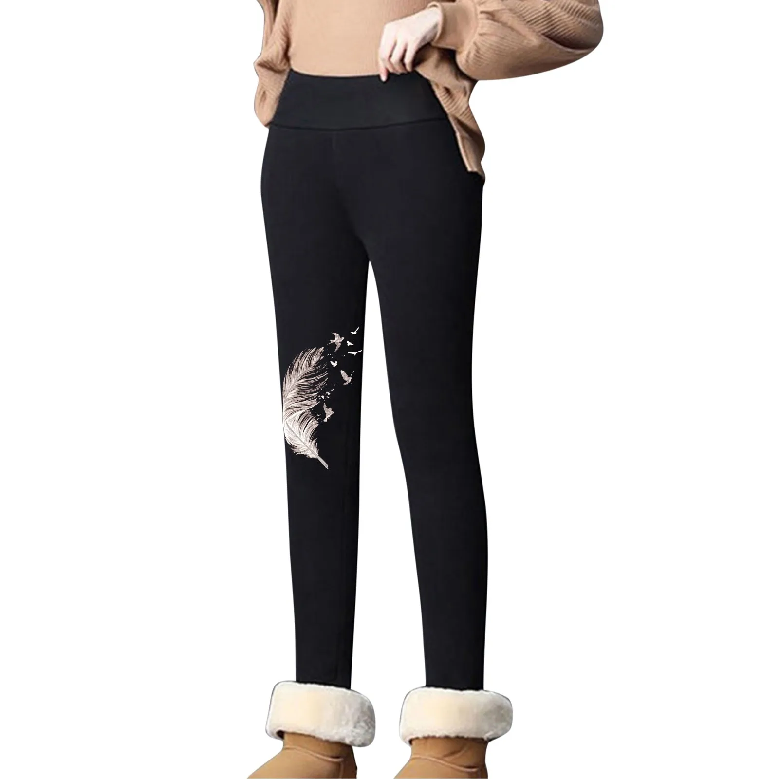 Womens Winter Casual Leggings Elastic Waist Thermal Capris Workout Trousers Thermal Prints Pants